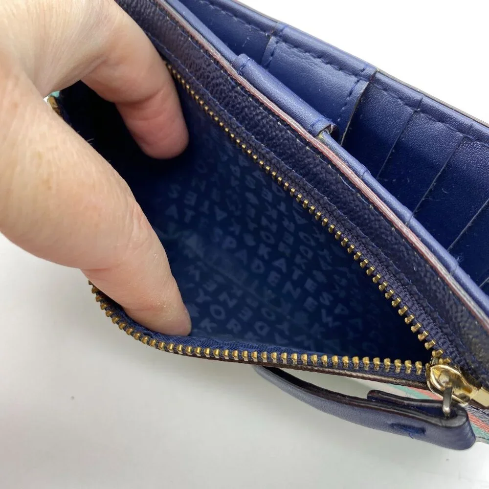 Kate Spade slim bi fold wallet Stripe blue pink button shut pocket book leather‎